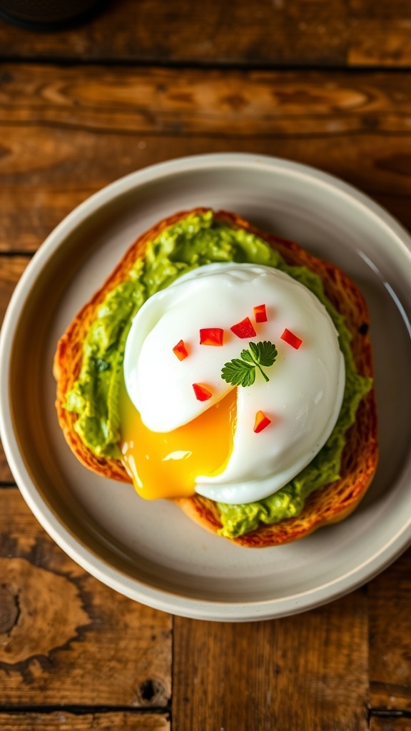 Avocado toast with poached egg, garnished with herbs and red pepper flakes on a rustic wooden table.